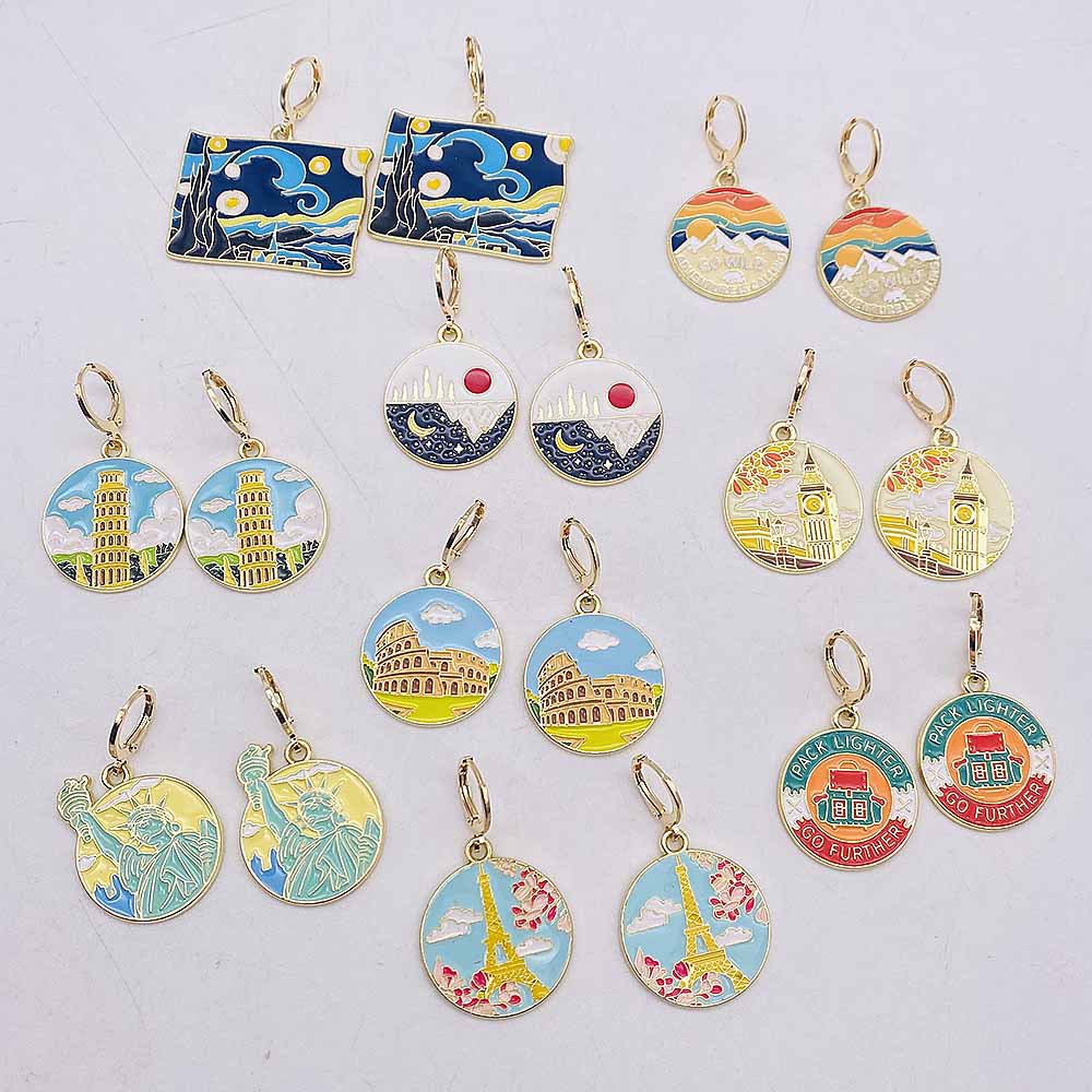 11g Weight Copper Ear Needle Material Drop Earrings Classification 1 Pair Quantity Daily, Street Occasion Alloy Material Building, Landscape Pattern Women's Gender Enamel Design Simple Style Style 1 Pair Simple Style Building Landscape Enamel Arylic Alloy Drop Earrings 无