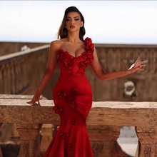 2025亚马逊速卖通外贸红色抹胸长裙花朵性感名媛风长裙连衣裙礼服