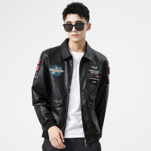Cross-Border New Autumn Leather Jacket Men's Flight Suit Slim Korean Style Casual Jacket Motorcycle Suit Lapel Leather Jacket