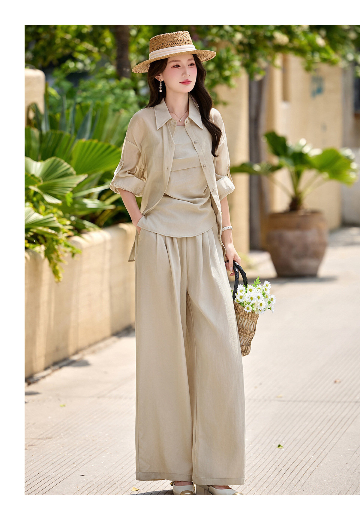 Bộ ba mặc nhà nữ phối áo sơ mi chống nắng, áo hai dây và quần ống suông — màu trắng, màu xám, màu kaki chi tiết 14