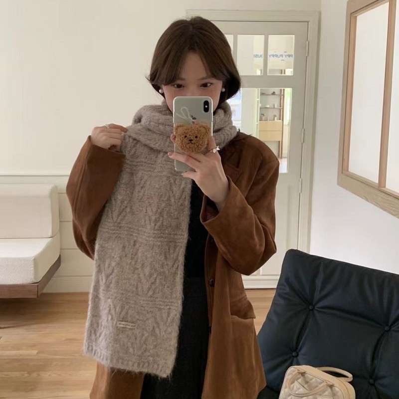 Solid color retro knitted winter keep warm universal scarf