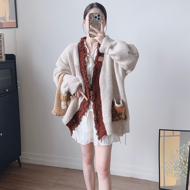 欧洲站撞色宽松慵懒风毛衣外套女秋冬新款破洞设计感小众针织开衫|undefined