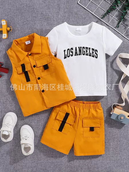Boys' Fashionable Comfortable suit Three-Piece Short-Sleeved Pocket Vest Work Shorts