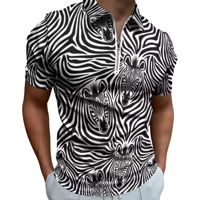 Camisa POLO con cremallera de manga corta suelta y transpirable con estampado 3D de graffiti a rayas irregulares de colores personalizados para hombres