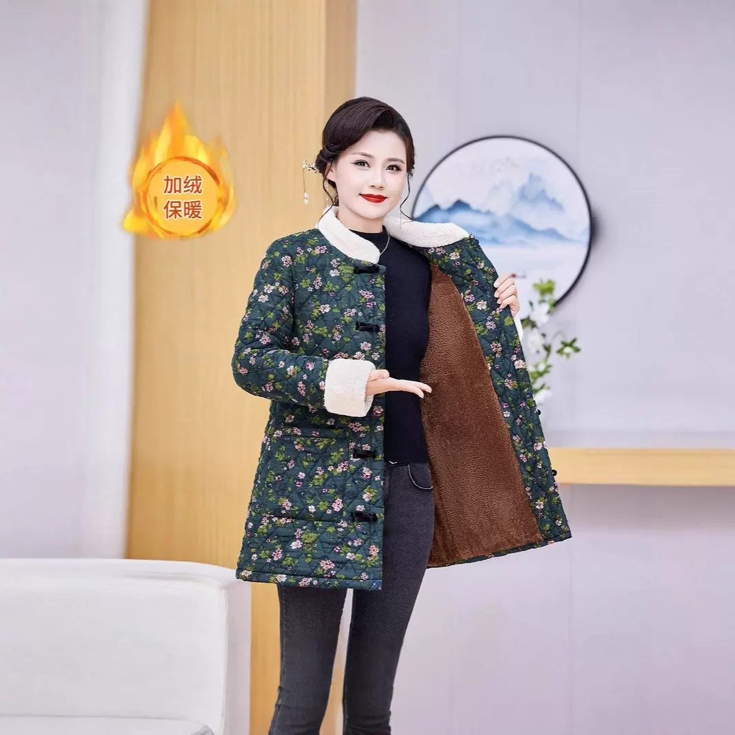 秋冬款妈妈装文艺减龄加绒加厚棉衣棉服冬季新款碎花棉袄外套女