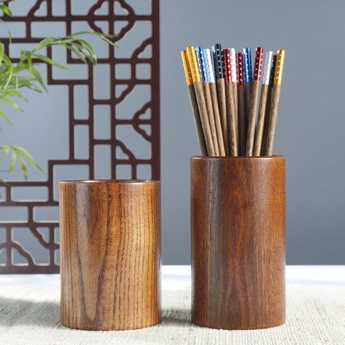 Wooden round desktop chopstick barrel wholesale household tableware storage box with engraved LOGO restaurant drain chopstick cage