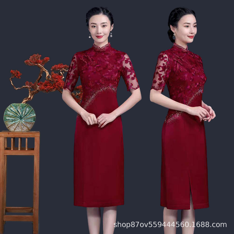 Cheongsam women's Toast dress bride high-grade red small mother's dress wedding banquet dress happy mother-in-law exquisite high-end