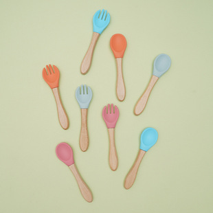 Silicone Wooden Handle Fork and Spoon Baby Food Supplement Training Tableware Beech Handle Silicone Spoon Kidsren's Food Grade Feeding