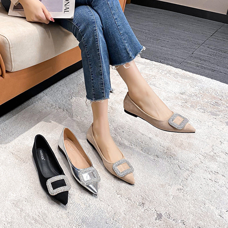 Giày búp bê nữ mũi nhọn đính đá lấp lánh gót thấp 1–3 cm — Màu bạc, Màu mơ, Màu đen