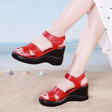 夏季休閑魚嘴粗跟涼鞋女紅色簡約高跟鞋厚底沙灘鞋魔術貼時尚女鞋