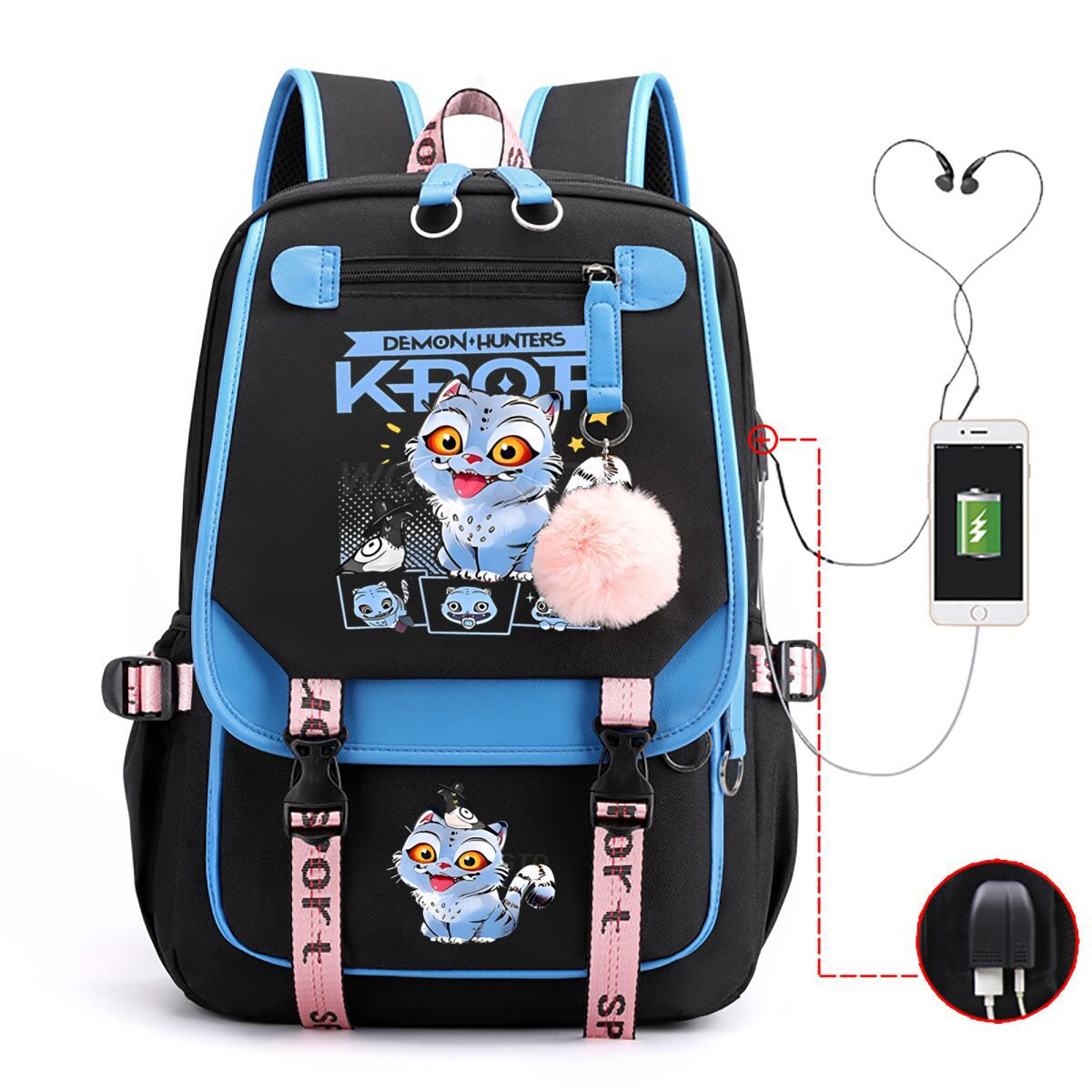Cartoon animado impresión de contraste de color neutro mochila de moda USB transfronteriza gran capacidad mochila de estudiantes coreanos