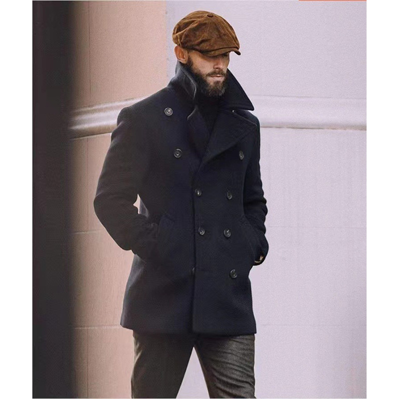 High Quality Navy Wool Coat Retro Men's Autumn and Winter High-End Street Style Mid-Length Navy Wool Coat