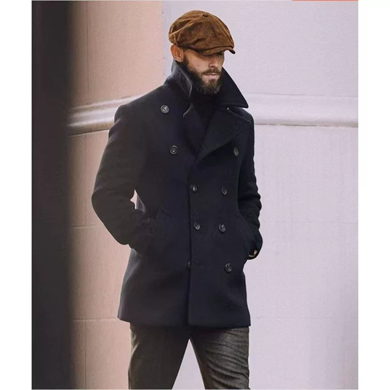 Качественное пальто из темно-синей шерсти, мужской демисезонный и зимний высокий уровень, средняя длина, темно-синее пальто