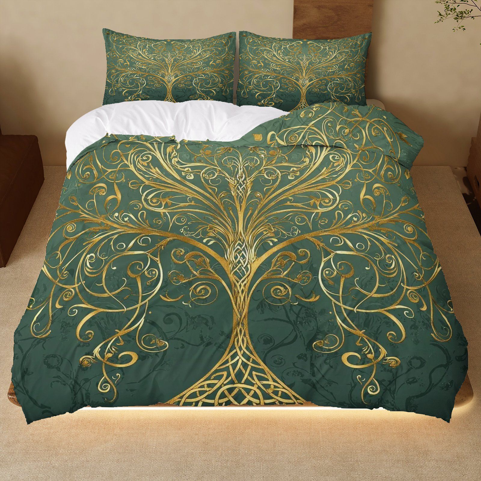 Retro dorado árbol de vida impresión digital abrasión kit de edredón textil suave piel transpirable TEMU / J