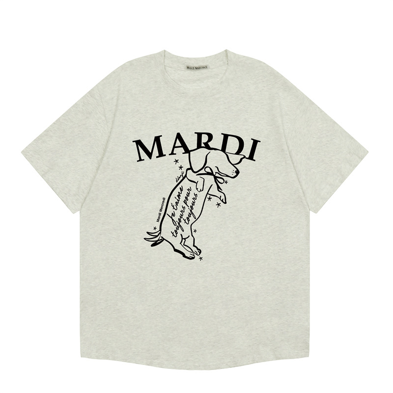 韓国マルディ Tシャツダックスフントレタープリントルーズカジュアルラウンドネック半袖 Tシャツトップ女性用