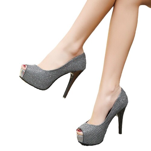 Spring and Autumn Women's Waterproof Platform Heel Very High Thin Heel Fish Mouth Slip-On Shoes with Gold Powder Sparkling High Heels