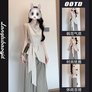 A Complete Set of Elegant Ootd Outfits with a Niche Retro Swing Collar Sleeveless Top and Wide-Leg Pants Two-Piece Suit