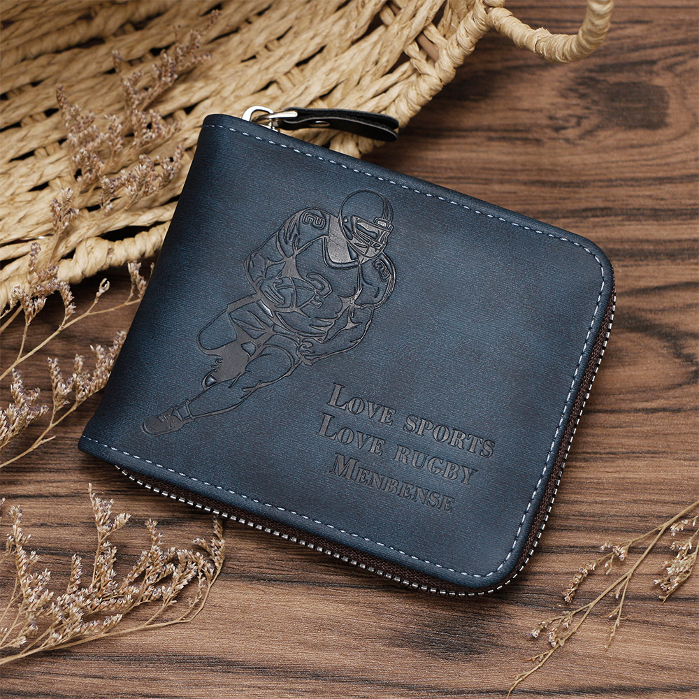 Cartera de hombre retro transfronteriza tres plegables estampado jugador de rugby multi-tarjeta billetera brazalete