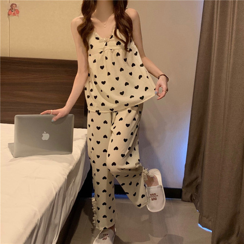 Manufacturer wholesale bubble cloth sweet and cute lace printed pajamas for women to wear outside with chest pads and suspenders home clothes