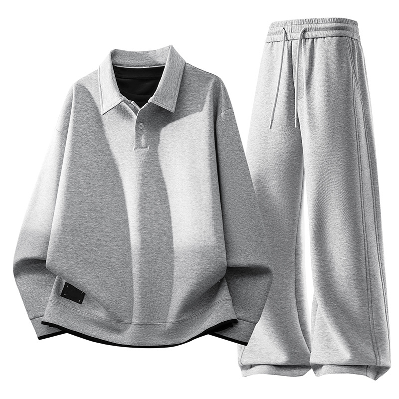 2026 primavera para hombres de peso extra tamaño falso dos piezas con solapa suéter pantalón conjunto de camisa coreana juvenil empalme
