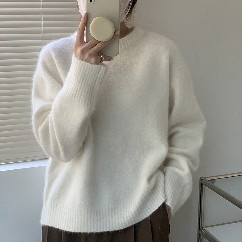 温柔浣熊绒圆领毛衣女宽松外穿秋冬慵懒风套头蓝色软糯打底针织衫|undefined