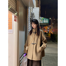 奶兔星球-自制 内里全羊毛加厚立领毛呢外套女小个子牛角扣大衣