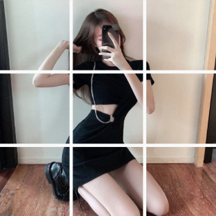 Summer French Style Black Skirt Cool Trendy Women's Small Black Skirt Short-sleeved T-shirt Skirt Slimming Dress 8371