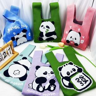 2024 Autumn New Panda Gift Bag Women's Knitted Tote Bag Casual All-match Japanese and Korean Hand Bag Daily All-match
