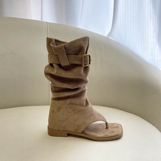 2025 New Summer Sandals, Flats-Soled Inner Heightening Thong Boots, Thong Sandals, Apricot Suede Pile Boots, Short Boots
