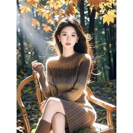 法式收腰咖色毛衣连衣裙女秋冬2025新款显身材内搭打底长裙