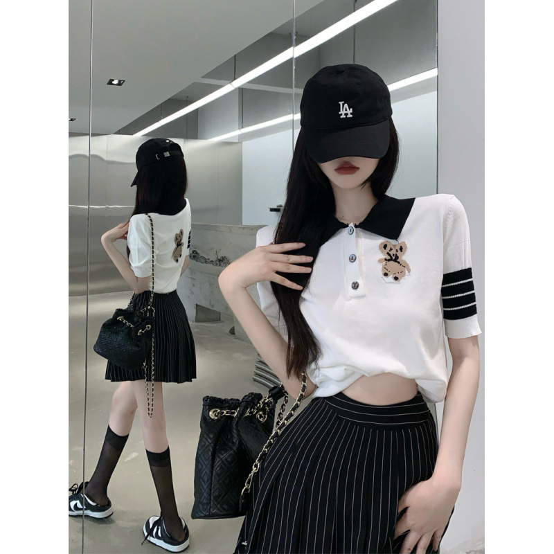 College Style Polo Collar Sweater T-Shirt Women's Summer Striped Contrast Color Bear Cartoon Shoulder White Short Sleeve Top