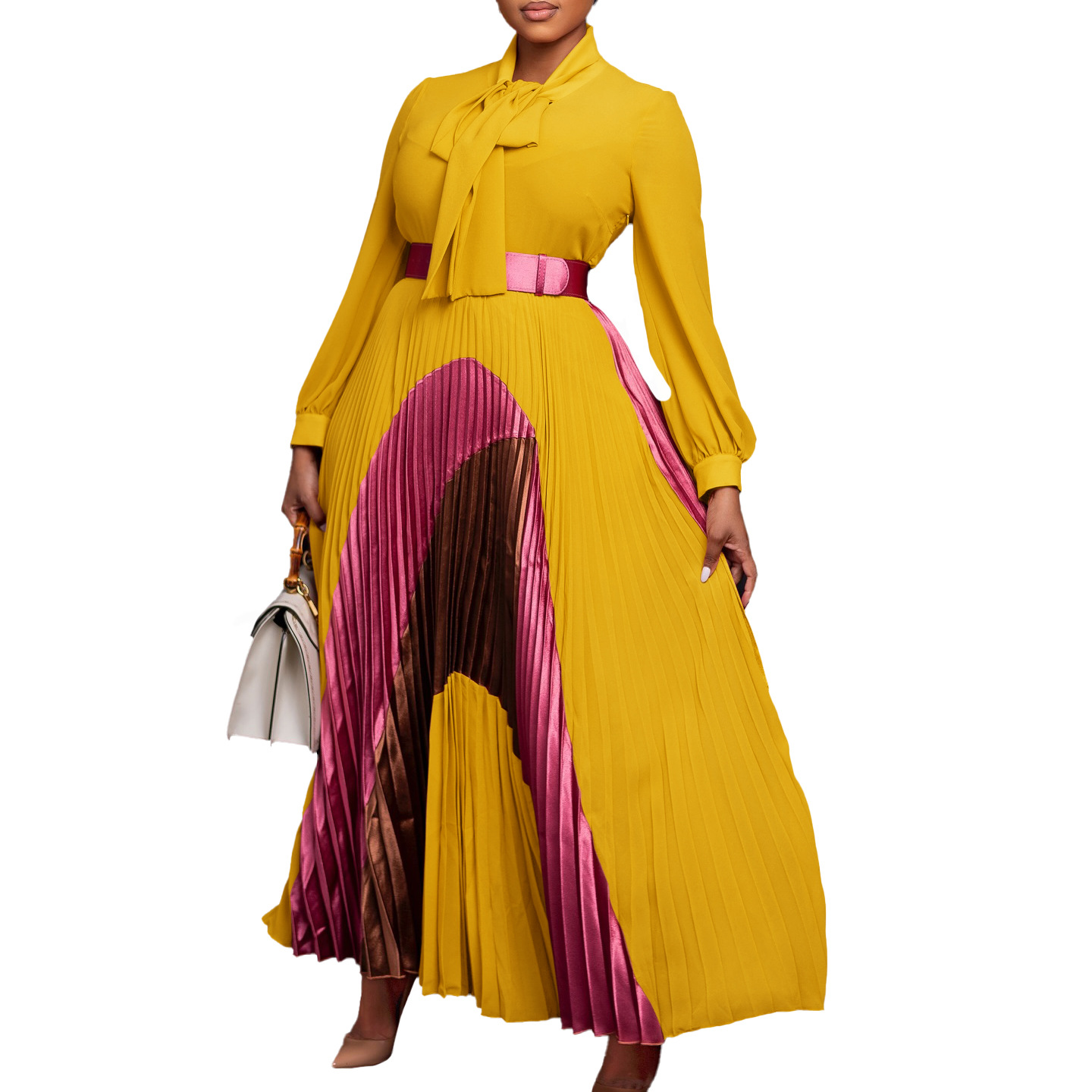 Summer Season Wholesale Women's Elegant Belt Color Block Cocktail Party Shirt Collar Long Sleeve Sheath Dress