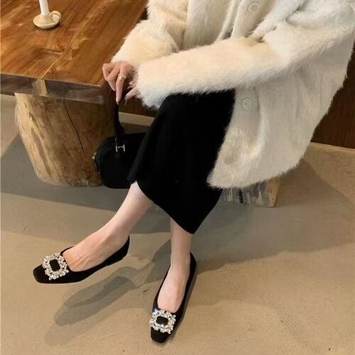 Black commuter square head rhinestones single-layer shoes for women's autumn new French flat high-quality minococcasin-minoccasin-shoes casual shoes