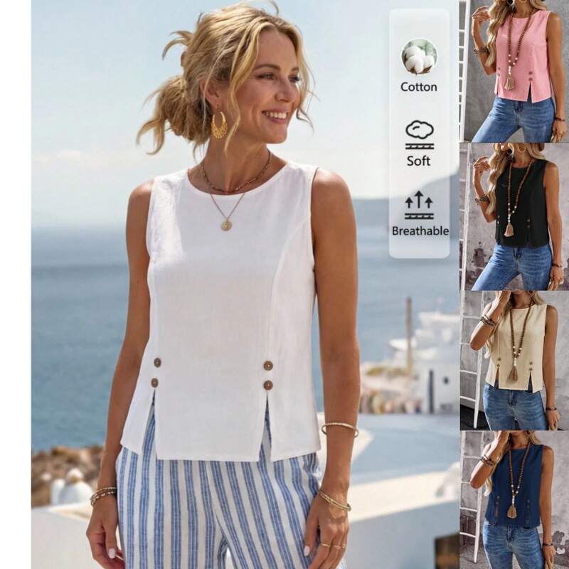 Amazon 2026 Summer European and American Women's Casual Solid Color Button Decorated Slit Hem Loose Sleeveless Shirt