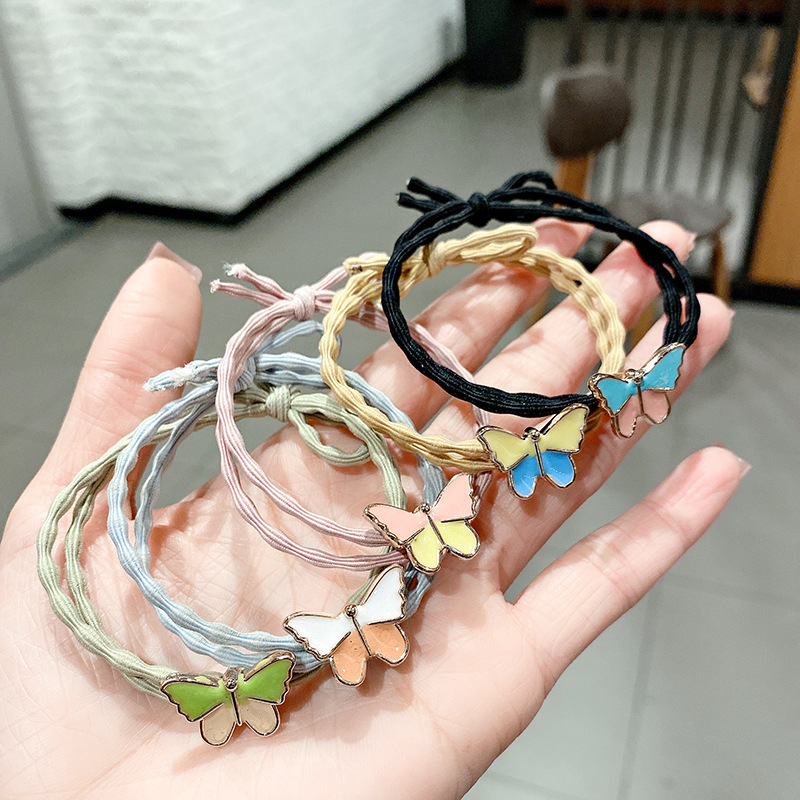 拼色滴油蝴蝶發圈韓版小清新頭繩女簡約百搭扎頭髮小皮筋髮飾批發