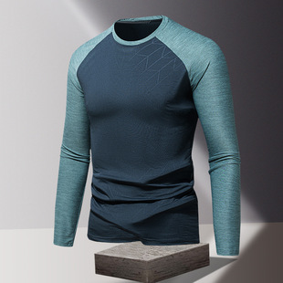 Ice Silk T-Shirt Men's Color-matching Long-sleeved Autumn Clothes Fitness Quick-drying Top Men's Sports Thin Shirt Round Neck Base Shirt T