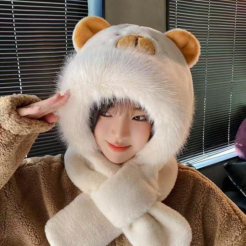 可爱卡皮巴拉帽子围巾一体三件套女秋冬毛绒护耳帽水豚保暖防风帽|undefined