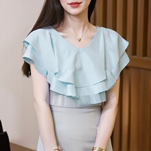 韩版清新甜美时尚女装 2025夏季新款荷叶边v领露肩显设计衬衫短袖