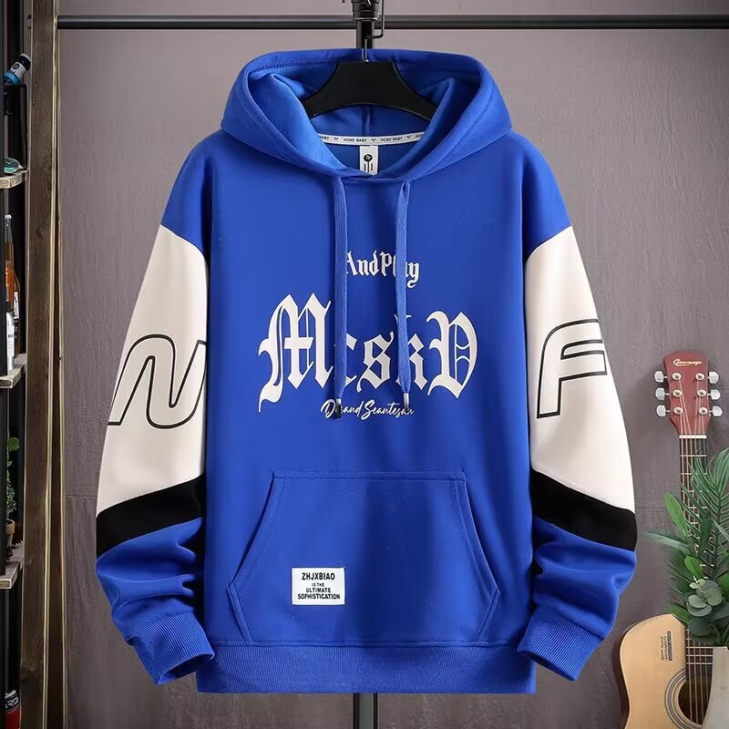 Fake Two-piece Hooded fleece-lined Sweater Men's Autumn and Winter Printed Jacket Men's Trendy Brand Youth Casual Sports Base Shirt