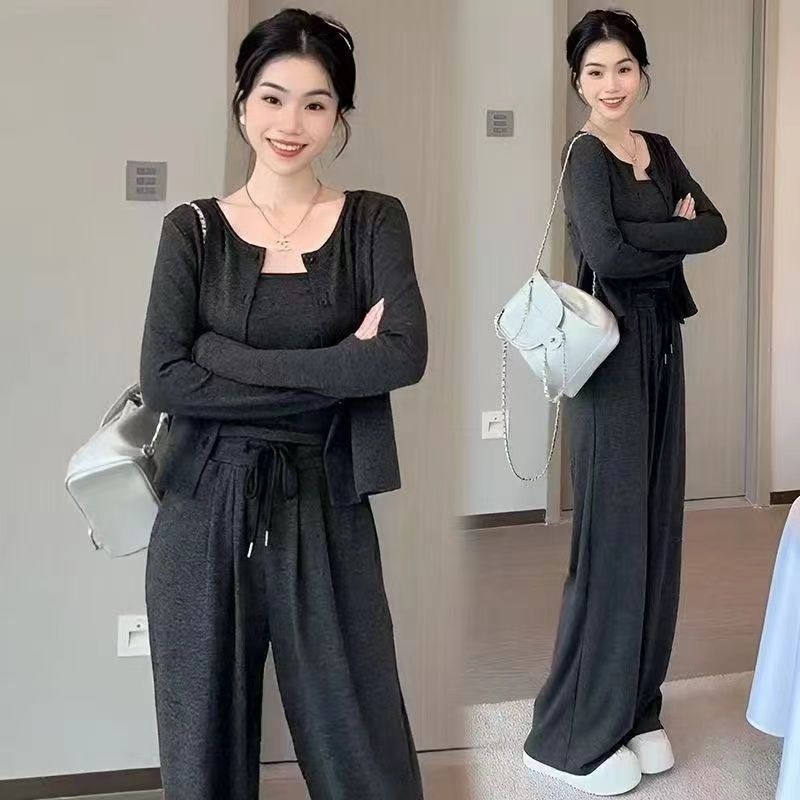 慵懒风糯米三件套女春秋新款开衫吊带阔腿裤时尚显瘦休闲运动套装|undefined
