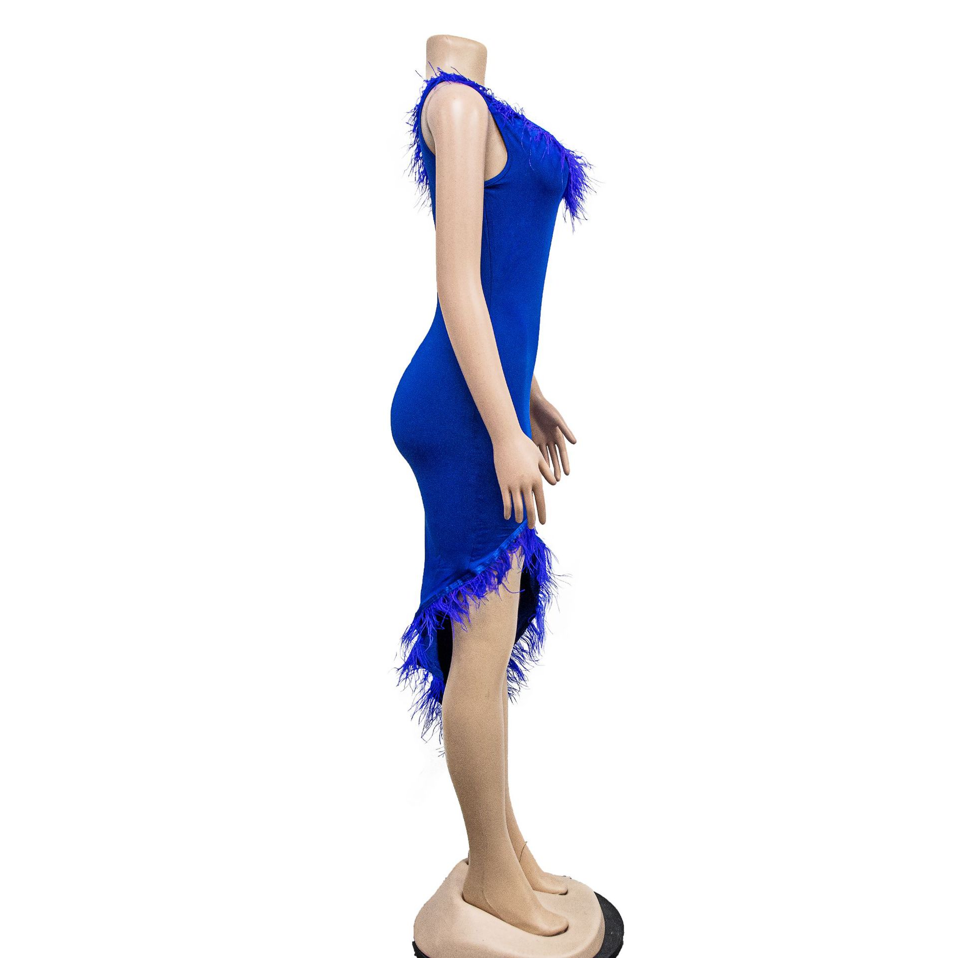 Einfarbiges, ärmelloses Wickelrockkleid mit V-Ausschnitt für Damen und Neujahrsabendkleid mit unregelmäßigen Federn_voghion.com