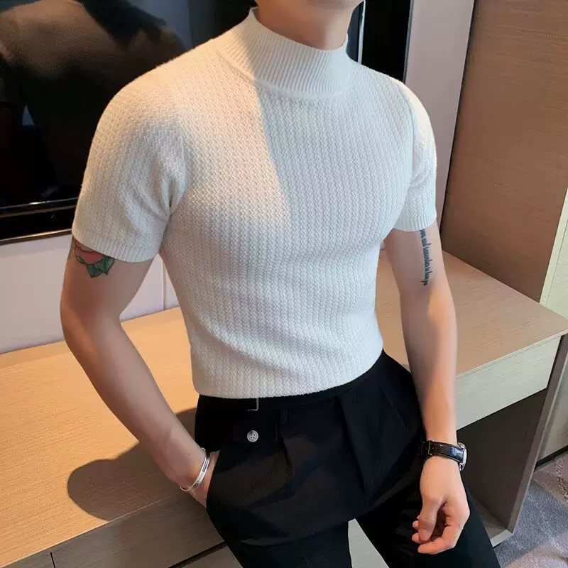 半高领短袖恤男士秋冬修身感毛衣针织衫中领紧身条纹打底衫