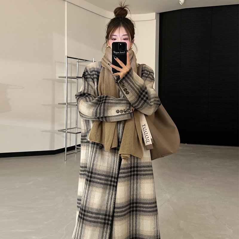 跨境韩系格子双面羊绒大衣女2025秋冬新款保暖中长款羊毛呢外套