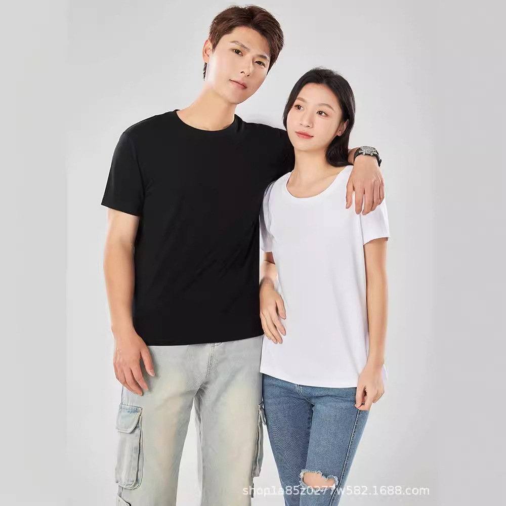New Sorona short-sleeved couple's T-shirt, cool-feel t-shirt, cultural shirt, solid color advertising shirt, loose round neck workwear, cartoon