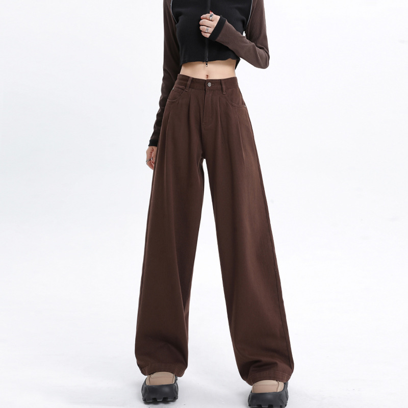 秋季韓版闊腿牛仔褲女褶皺設計感超柔質感高腰顯瘦直筒拖地褲