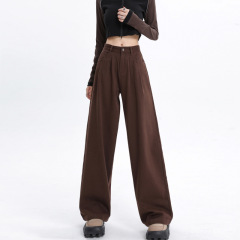 秋季韓版闊腿牛仔褲女褶皺設計感超柔質感高腰顯瘦直筒拖地褲