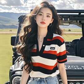 条纹冰丝短袖t恤女2025新款夏季爆款polo领针织衫超好看独特上衣