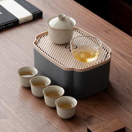 草木灰功夫茶具便携快客杯一壶四杯茶盘陶瓷旅行茶具套装印制LOGO