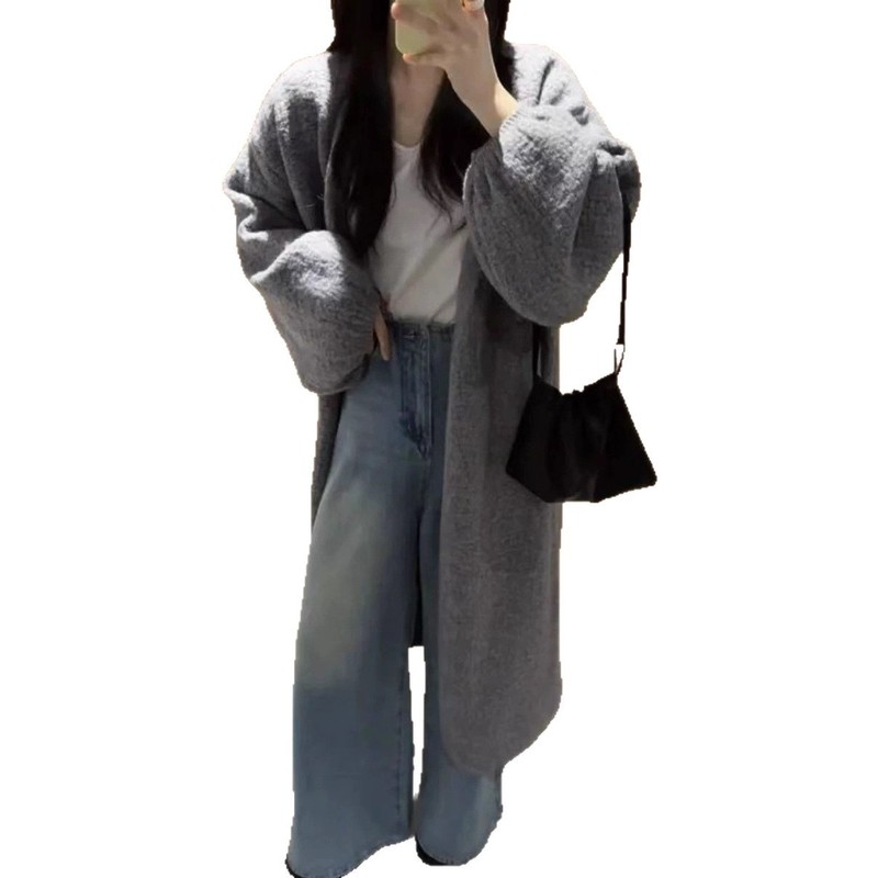 韩系甜美慵懒风大灯笼袖毛衣开衫女树皮纹秋冬中长款针织外套气质|undefined
