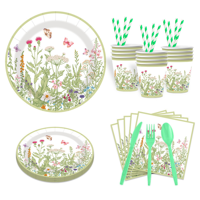 アマゾン春の花ティーパーティーパーティー用品野生の花の雰囲気使い捨て増粘漏れ防止食器卸売|undefined